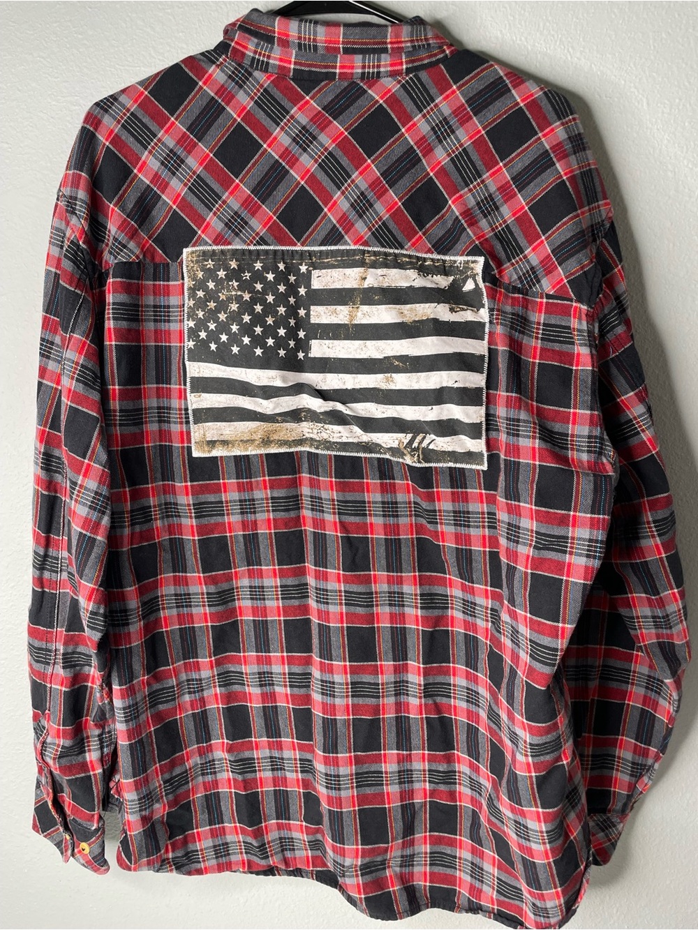 Akoo Red and Black Plaid Button-Down Shirt with Flag Patch